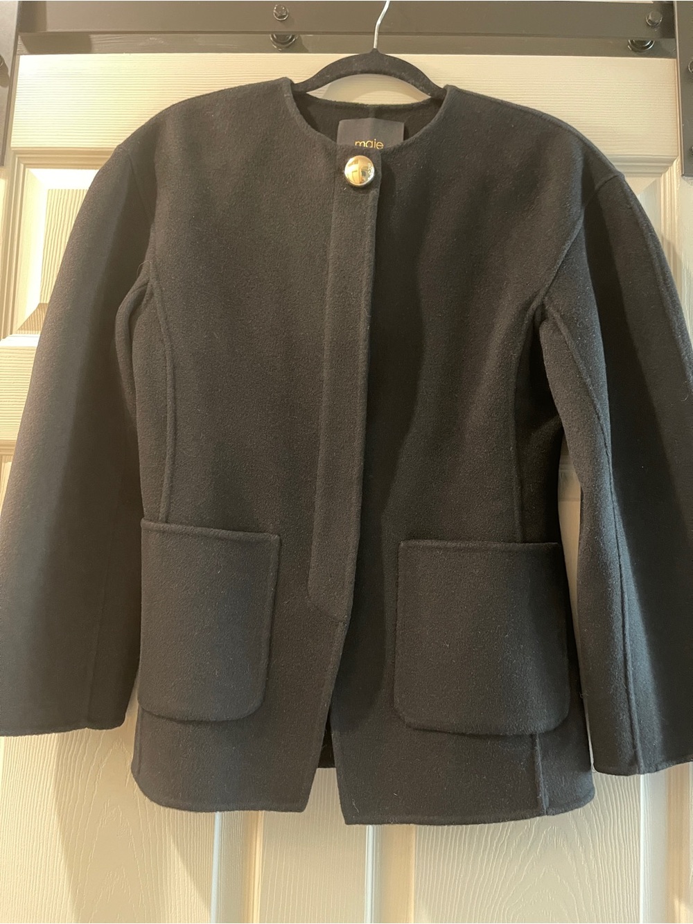 Maje Black Wool-Blend Boxy Pea Coat with Gold Accent Button